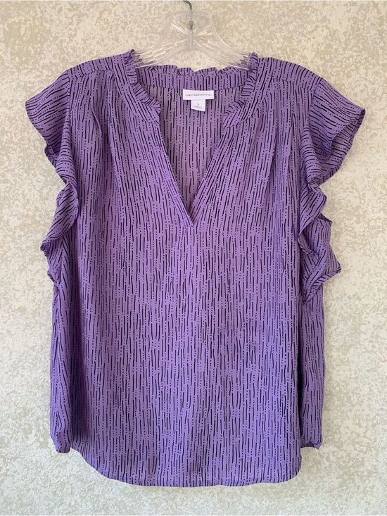 Liz Claiborne Tops - Liz Claiborne Womens Purple Ruffle Sleeve V-Neck Blouse Dash Print Size S